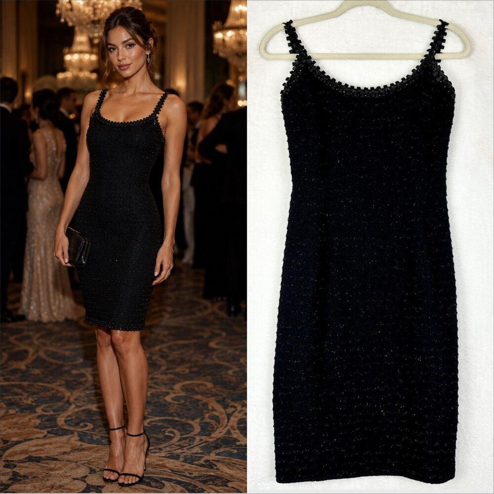 St John Couture Tweed Knit Cocktail Dress Size 4 Black Sprakle Shimmer Party